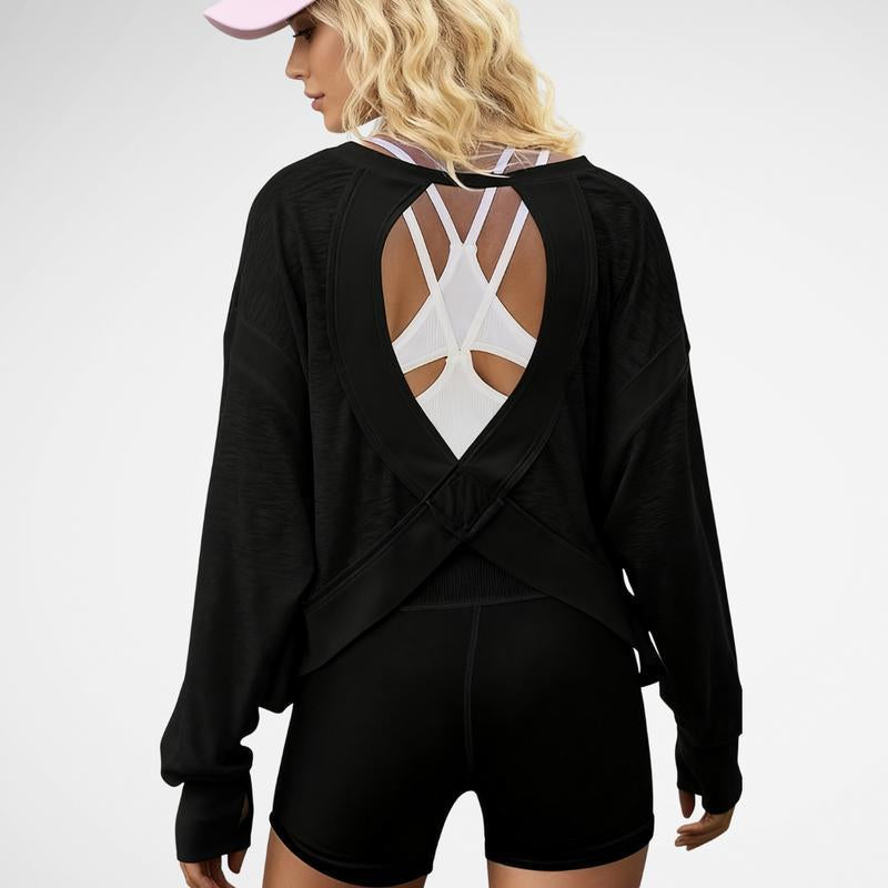Tanming Womens Open Back Workout Top Long Sleeve Athletic Shirts Casual Crop Running Tee Y2K Yoga