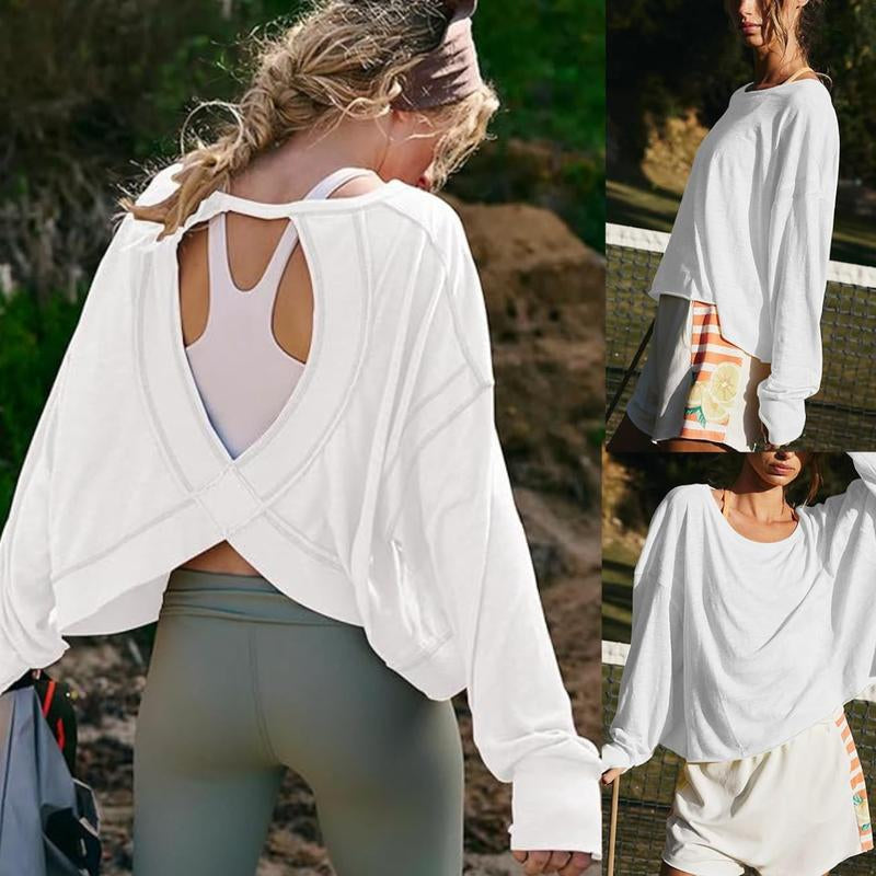 Tanming Womens Open Back Workout Top Long Sleeve Athletic Shirts Casual Crop Running Tee Y2K Yoga