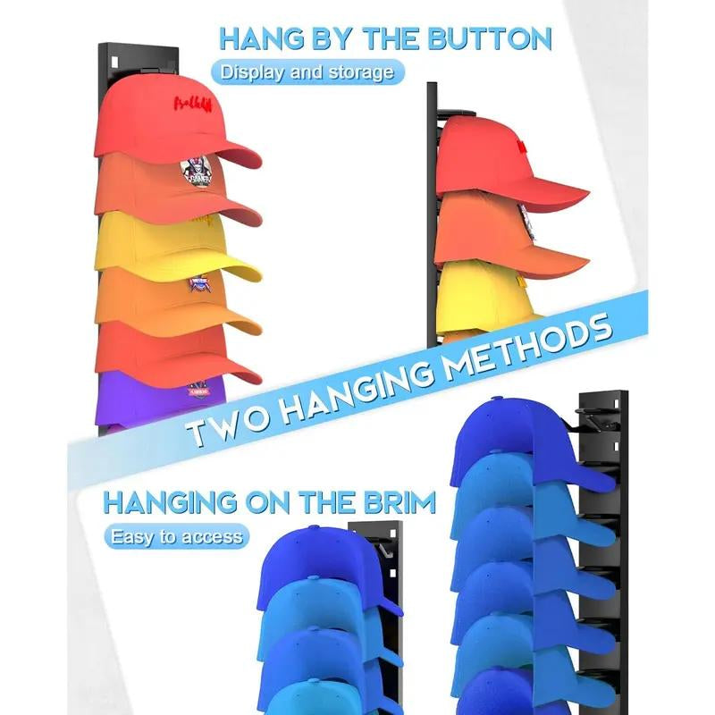 Hat Organizer 2 Pack Wall Mounted Baseball Cap Rack Black or White Adhesive Mount Stable Structure Holds 18 Hats for Closet Door & Bedroom Easy Access Display Hanger