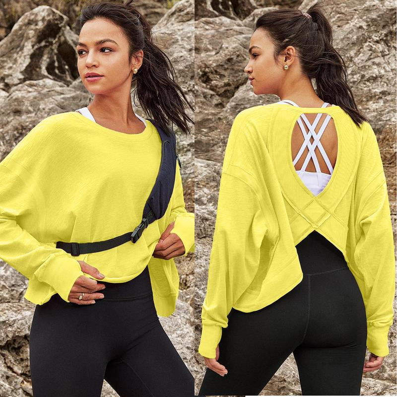 Tanming Womens Open Back Workout Top Long Sleeve Athletic Shirts Casual Crop Running Tee Y2K Yoga