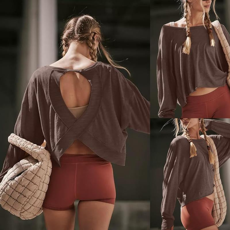 Tanming Womens Open Back Workout Top Long Sleeve Athletic Shirts Casual Crop Running Tee Y2K Yoga