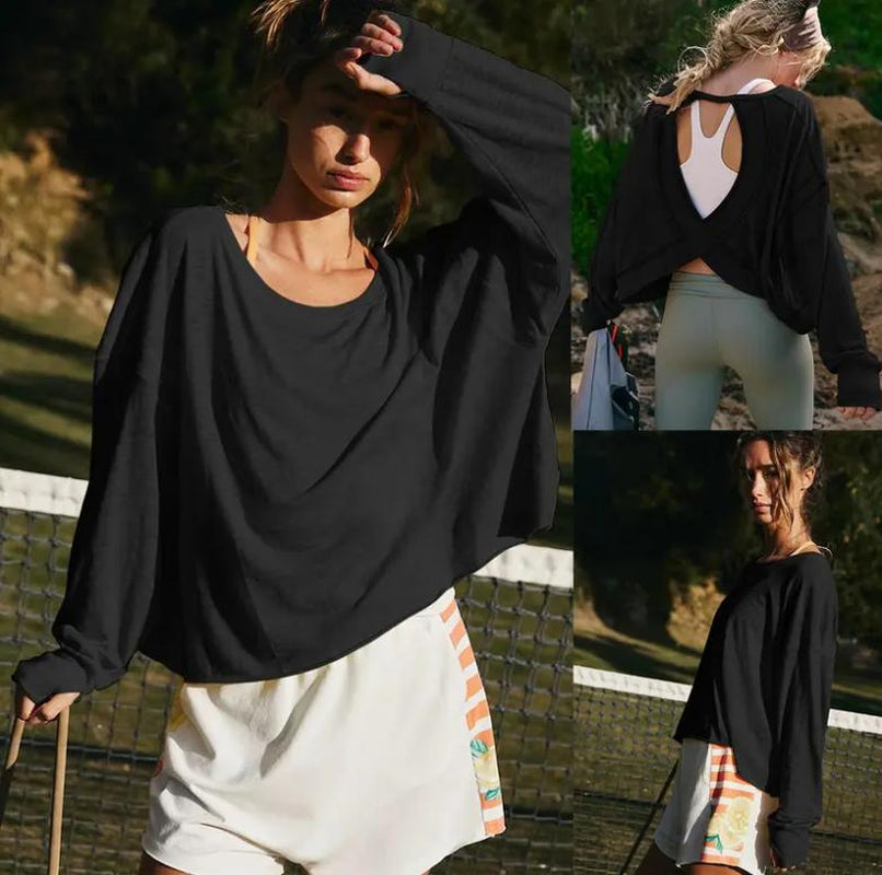 Tanming Womens Open Back Workout Top Long Sleeve Athletic Shirts Casual Crop Running Tee Y2K Yoga