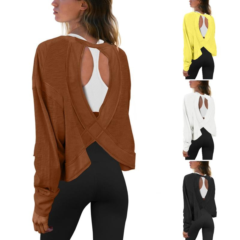 Tanming Womens Open Back Workout Top Long Sleeve Athletic Shirts Casual Crop Running Tee Y2K Yoga