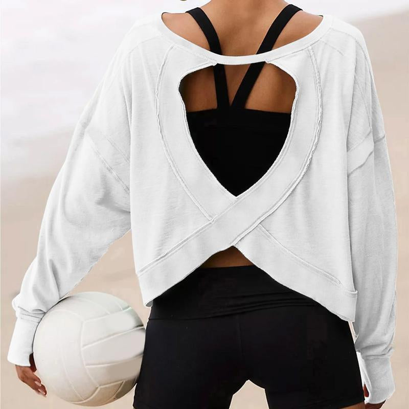 Tanming Womens Open Back Workout Top Long Sleeve Athletic Shirts Casual Crop Running Tee Y2K Yoga