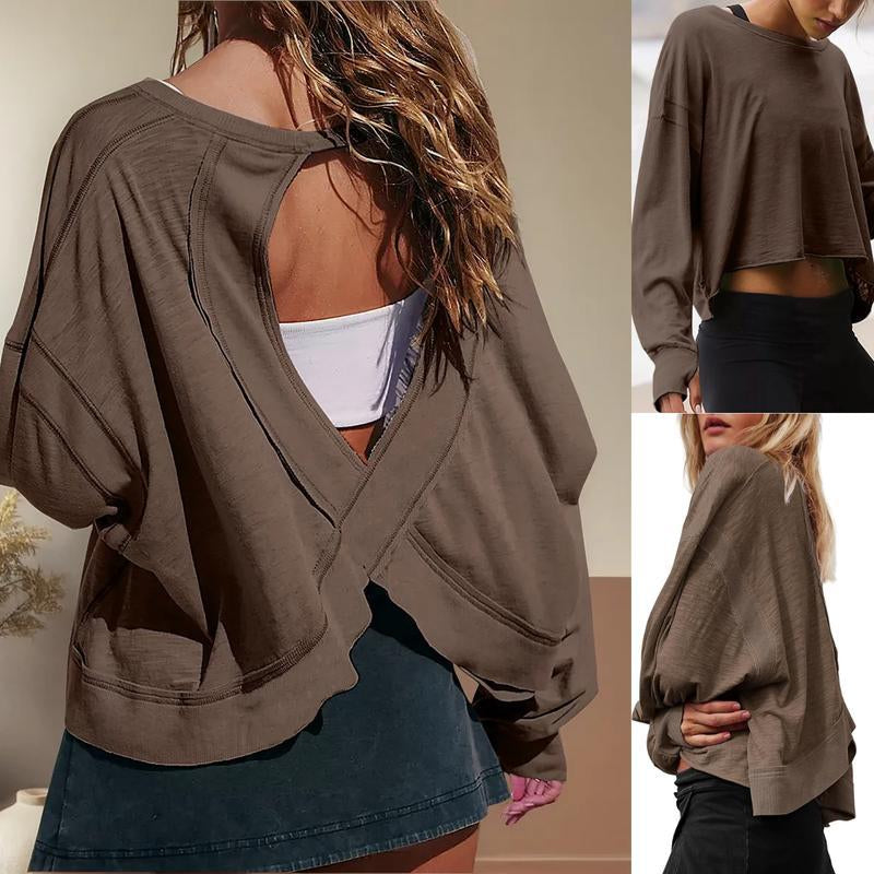 Tanming Womens Open Back Workout Top Long Sleeve Athletic Shirts Casual Crop Running Tee Y2K Yoga