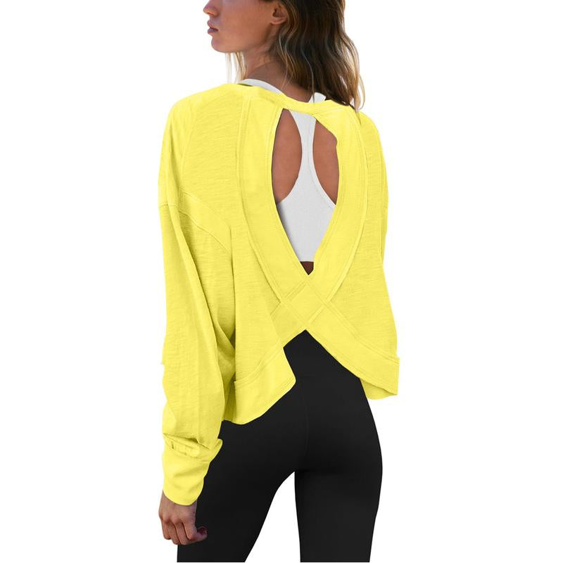 Tanming Womens Open Back Workout Top Long Sleeve Athletic Shirts Casual Crop Running Tee Y2K Yoga