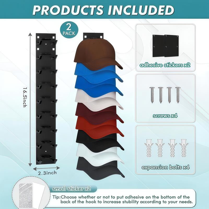 Hat Organizer 2 Pack Wall Mounted Baseball Cap Rack Black or White Adhesive Mount Stable Structure Holds 18 Hats for Closet Door & Bedroom Easy Access Display Hanger