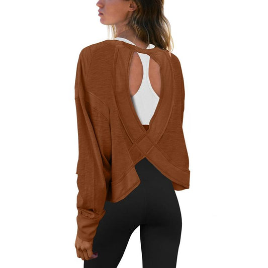 Tanming Womens Open Back Workout Top Long Sleeve Athletic Shirts Casual Crop Running Tee Y2K Yoga